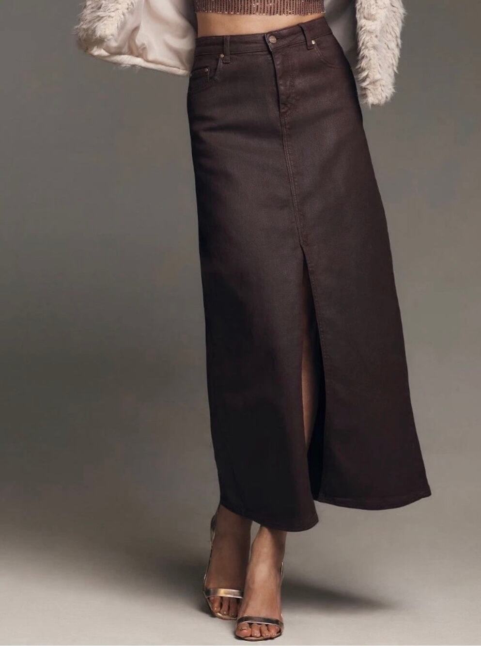 Pilcro The Madi Front-Slit Denim Maxi Skirt in Wine size 4 Waxed Coated